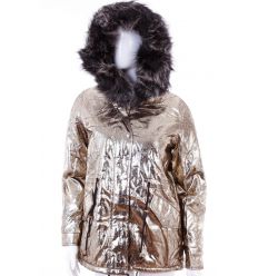 Bundás, fényes arany színű, szőrmés kapucnis női kabát (Z-609-8)