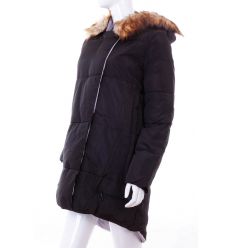Bundás, szőrmés kapucnis, rejtett cipzáros női félhosszú téli kabát (WS-1708-1)