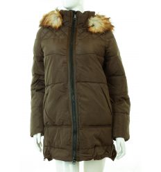 Bundás, szőrmés kapucnis, alul cipzárral állítható bőségű női téli kabát (WS-1711-1)